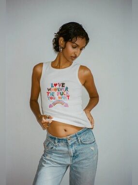 Change, White Graphic Rib Tank Top - Playful Rainbow Slogan! NWT!